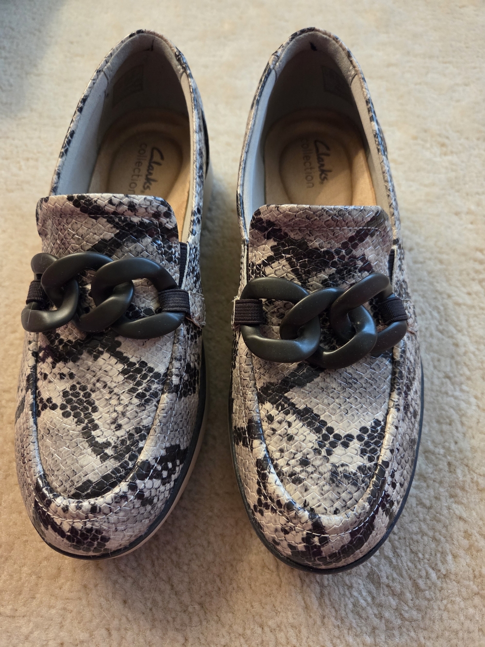 Clarks Women's Snake-Print Chain Loafers in Black, White & Taupe